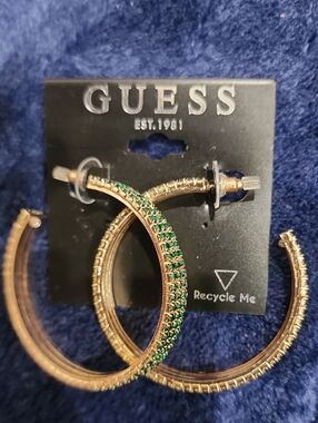 Guess Gold Hoop Earrings with Green Crystals